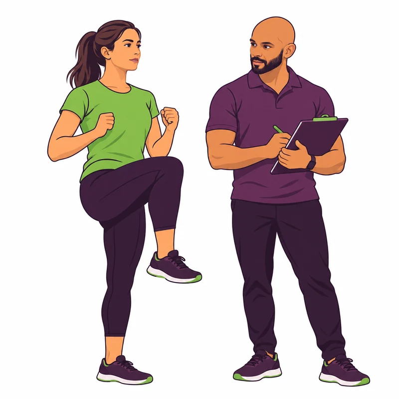 Illustration of a patient marching in place while a chiropractor takes notes on a clipboard